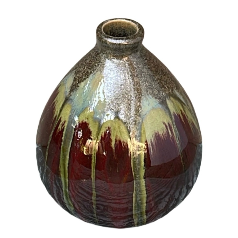 Drip Glaze Pottery Tear Shaped Vase Reddish Brown Teal Olive Green